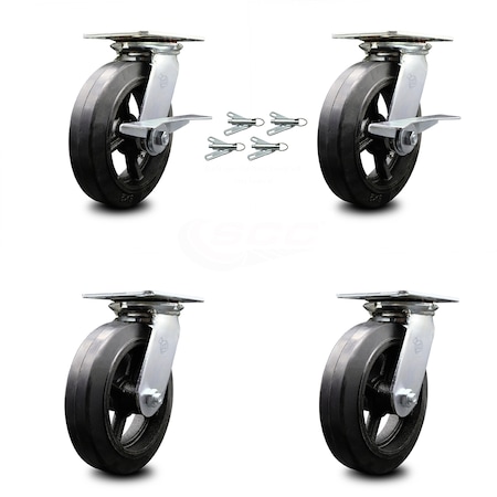 Service Caster 8 Inch Rubber on Steel Caster Set with Roller Bearing 4 Swivel Lock and 2 Brake SCC-35S820-RSR-SLB-BSL-2-BSL-2
